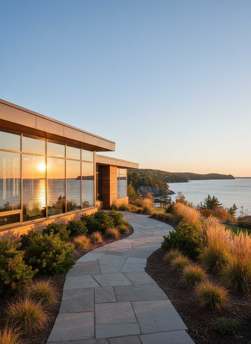 A sophisticated panoramic exterior of a contemporary lakeside home near Duluth, photographed at golden hour. The house features clean architectural lines, expansive glass windows reflecting Lake Superior, and warm cedar siding. A manicured stone walkway leads to the front door, bordered by low evergreen shrubs and native grasses. In the distance, gentle hills and hints of the North Shore shoreline are visible. Soft, warm sunlight skims across the façade, creating elegant highlights and long, inviting shadows. Captured from a slightly elevated angle with sharp focus throughout, the composition feels balanced and calm, embodying professional real estate photography and conveying premium listings in Minnesota and Wisconsin lake country.