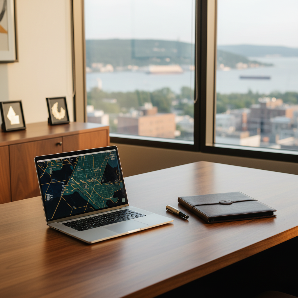A refined, clutter-free real estate consultation workspace representing Team Standfield’s expertise, shown without people in realistic photographic style. A large natural wood desk holds a sleek open laptop displaying an abstract map graphic, a closed leather portfolio, and a single pen arranged neatly. Behind, a floor-to-ceiling window reveals a blurred cityscape of Duluth’s hillside and harborfront in soft focus. Afternoon natural light pours in, creating subtle reflections on the desk’s surface and gentle shadows. On a side credenza, framed abstract shapes suggest awards or credentials without readable text. Shot from a slightly elevated three-quarter angle, the composition conveys professionalism, organization, and trustworthiness for clients in Minnesota and Wisconsin.