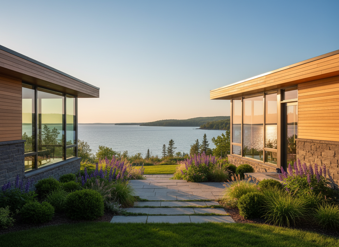A sophisticated panoramic exterior of a contemporary lakeside home near Duluth, photographed at golden hour. The house features clean architectural lines, expansive glass windows reflecting Lake Superior, and warm cedar siding. A manicured stone walkway leads to the front door, bordered by low evergreen shrubs and native grasses. In the distance, gentle hills and hints of the North Shore shoreline are visible. Soft, warm sunlight skims across the façade, creating elegant highlights and long, inviting shadows. Captured from a slightly elevated angle with sharp focus throughout, the composition feels balanced and calm, embodying professional real estate photography and conveying premium listings in Minnesota and Wisconsin lake country.