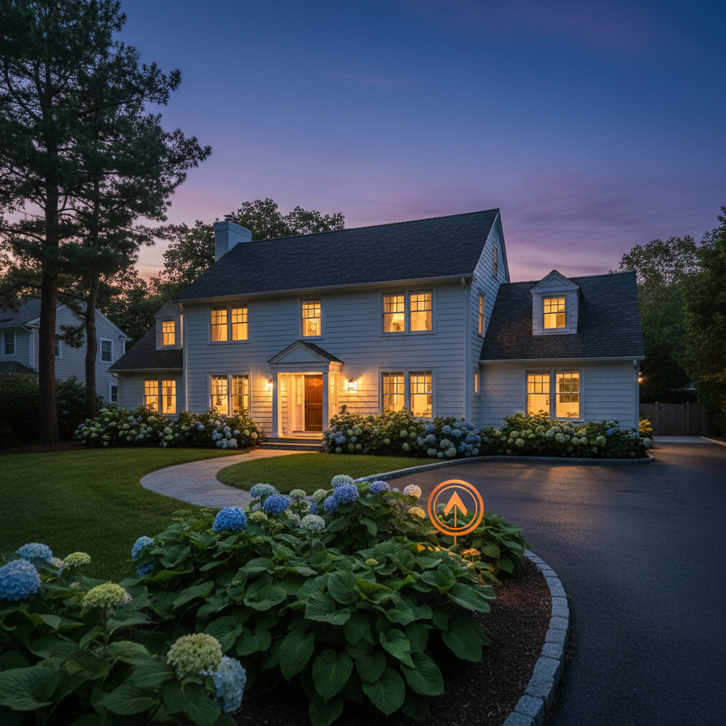A dramatic twilight exterior of a recently sold home in a North Shore neighborhood, photographed in rich, realistic detail. The home’s windows glow warmly from interior lighting, contrasting against a deep blue evening sky. A subtle “sold” indication appears as a tasteful, non-textual graphic element near the front yard, integrated into the landscaping so no actual words are visible. The driveway and front walk are neatly edged, with a late-summer garden of hostas and hydrangeas in soft focus at the foreground. The camera is set at curb height, slightly angled, capturing the entire façade and a glimpse of neighboring pine trees. The mood is celebratory yet refined, highlighting successful transactions without clutter.
