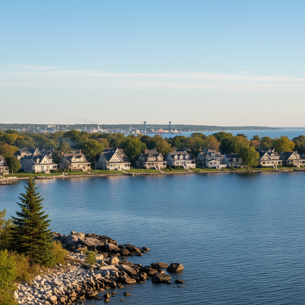 A scenic, wide-angle landscape capturing the essence of Duluth and the North Shore for a real estate portfolio hero image. The foreground shows a rocky Lake Superior shoreline with smooth stones and a small evergreen framed to one side. The midground reveals a tidy residential neighborhood of well-kept homes with varied rooflines, porches, and mature trees, suggesting a range of listings. In the distance, the iconic lift bridge and harbor are subtly visible beneath a bright, crisp sky. Early morning light creates cool, clear tones with gentle highlights on water and roofs. Photographic realism with sharp focus throughout emphasizes place, lifestyle, and community, making the region feel inviting and livable.