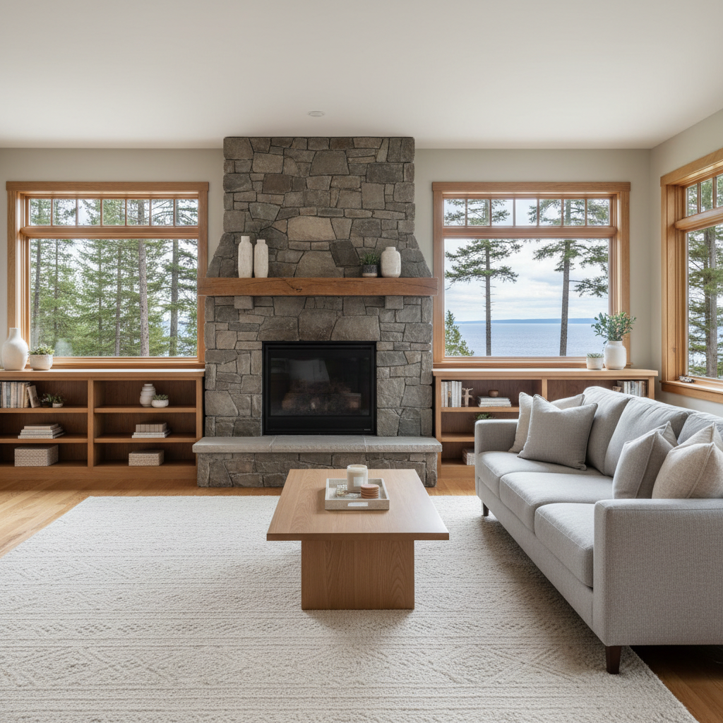 An inviting interior of a beautifully staged living room in a Duluth craftsman-style home, captured in realistic photographic detail. A stone gas fireplace with a solid timber mantel anchors the room, flanked by built-in shelving styled with neutral décor. A tailored, light-gray sectional sofa sits on a textured wool rug, with a sleek oak coffee table centered in front. Large windows reveal a hint of pine trees and a distant glimpse of Lake Superior. Soft, diffused daylight fills the space, creating a warm, sophisticated atmosphere. Shot at eye level with a wide lens to show the full room, the composition emphasizes openness, comfort, and move-in-ready presentation for discerning buyers.