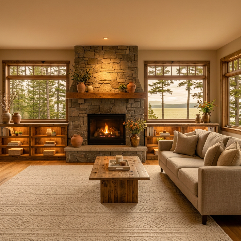 An inviting interior of a beautifully staged living room in a Duluth craftsman-style home, captured in realistic photographic detail. A stone gas fireplace with a solid timber mantel anchors the room, flanked by built-in shelving styled with neutral décor. A tailored, light-gray sectional sofa sits on a textured wool rug, with a sleek oak coffee table centered in front. Large windows reveal a hint of pine trees and a distant glimpse of Lake Superior. Soft, diffused daylight fills the space, creating a warm, sophisticated atmosphere. Shot at eye level with a wide lens to show the full room, the composition emphasizes openness, comfort, and move-in-ready presentation for discerning buyers.