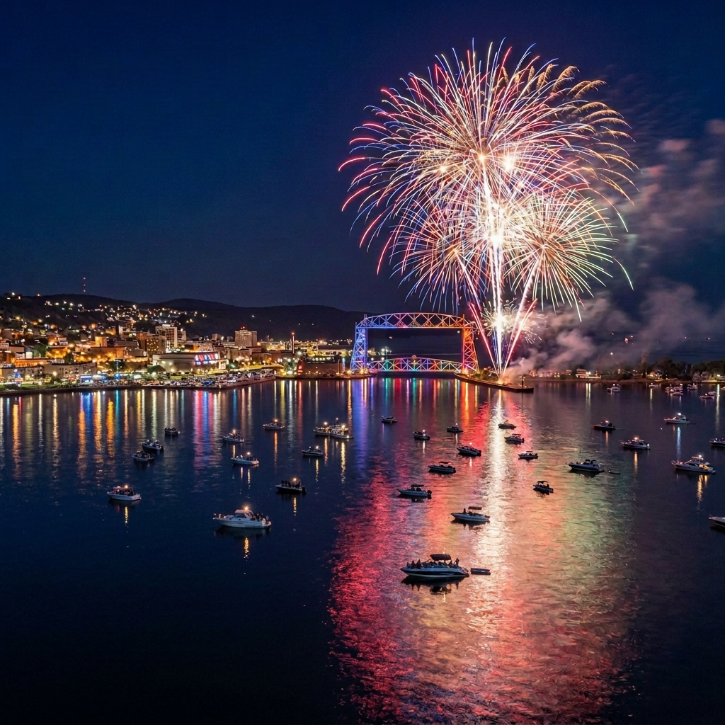 Fireworks near a lit lift bridge above a waterway with boats, city lights in the background