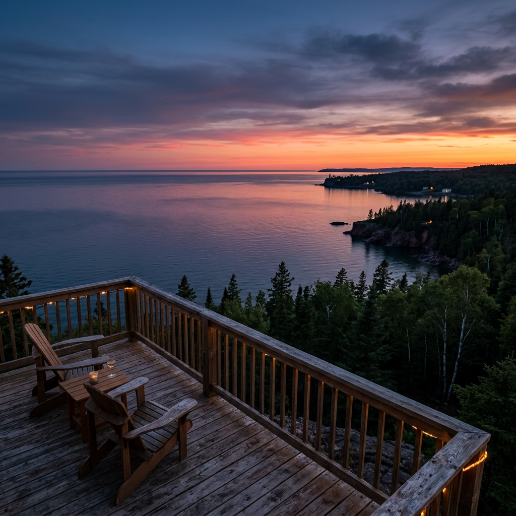 Wooden deck with chairs and candles overlooking a forested shoreline and calm lake at sunset